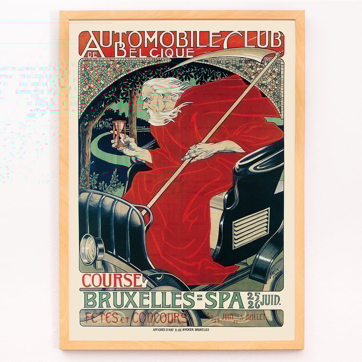 Artwork Automobile Club Belgique Course Bruxelles – Spa by Georges Gaudy featuring an artistic depiction of a driver in a classic car. Poster by Georges Gaudy titled Automobile Club Belgique Course Bruxelles – Spa depicting a figure in red cloak holding hourglass.