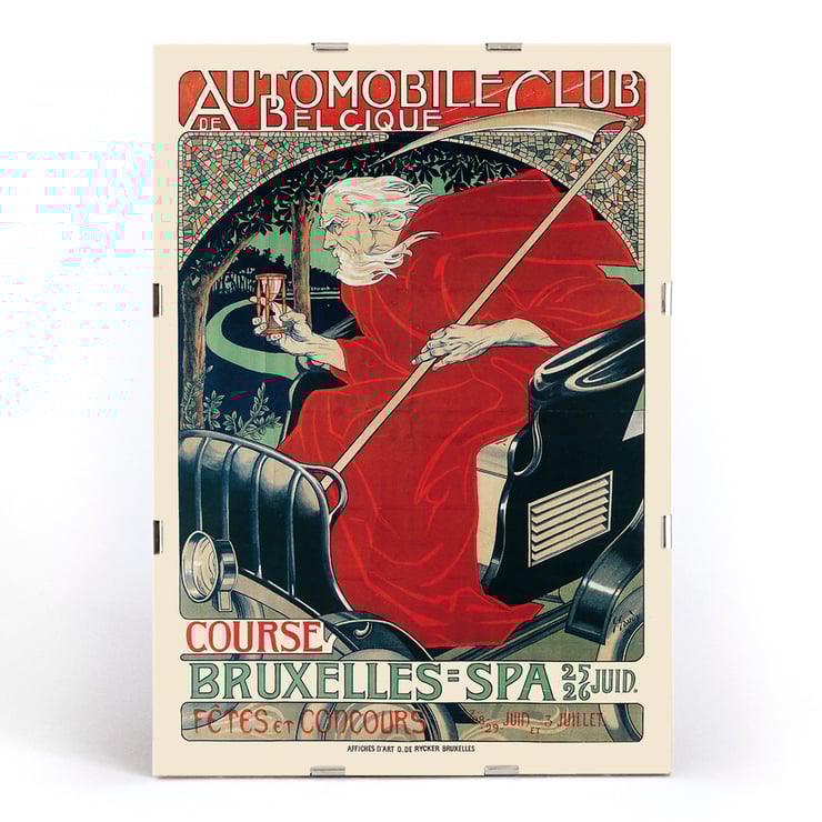 Artwork Automobile Club Belgique Course Bruxelles – Spa by Georges Gaudy featuring an artistic depiction of a driver in a classic car. Poster by Georges Gaudy titled Automobile Club Belgique Course Bruxelles – Spa depicting a figure in red cloak holding hourglass.