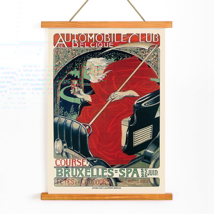 Artwork Automobile Club Belgique Course Bruxelles – Spa by Georges Gaudy featuring an artistic depiction of a driver in a classic car. Poster by Georges Gaudy titled Automobile Club Belgique Course Bruxelles – Spa depicting a figure in red cloak holding hourglass.