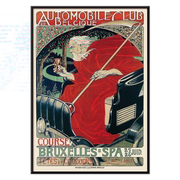 Artwork Automobile Club Belgique Course Bruxelles – Spa by Georges Gaudy featuring an artistic depiction of a driver in a classic car. Poster by Georges Gaudy titled Automobile Club Belgique Course Bruxelles – Spa depicting a figure in red cloak holding hourglass.