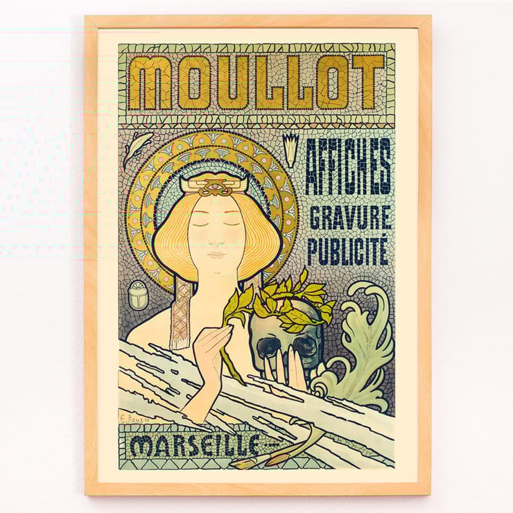 Art Nouveau poster Moullot Marseille by E Roux featuring a woman with a floral headpiece. Art Nouveau-style poster featuring a serene woman holding foliage and a decorative background titled Moullot Marseille by E Roux.