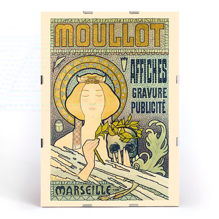 Art Nouveau poster Moullot Marseille by E Roux featuring a woman with a floral headpiece. Art Nouveau-style poster featuring a serene woman holding foliage and a decorative background titled Moullot Marseille by E Roux.