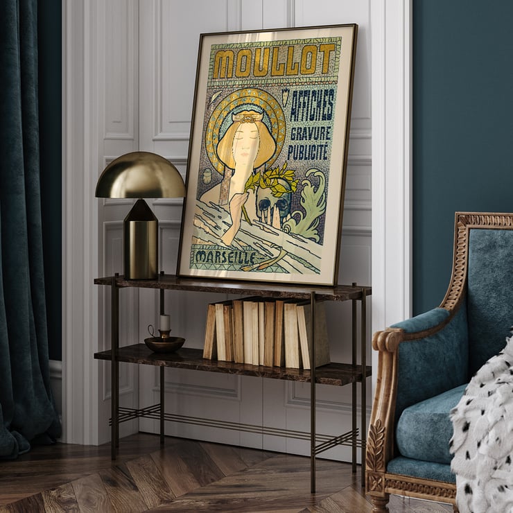 Art Nouveau poster Moullot Marseille by E Roux featuring a woman with a floral headpiece. Art Nouveau-style poster featuring a serene woman holding foliage and a decorative background titled Moullot Marseille by E Roux.