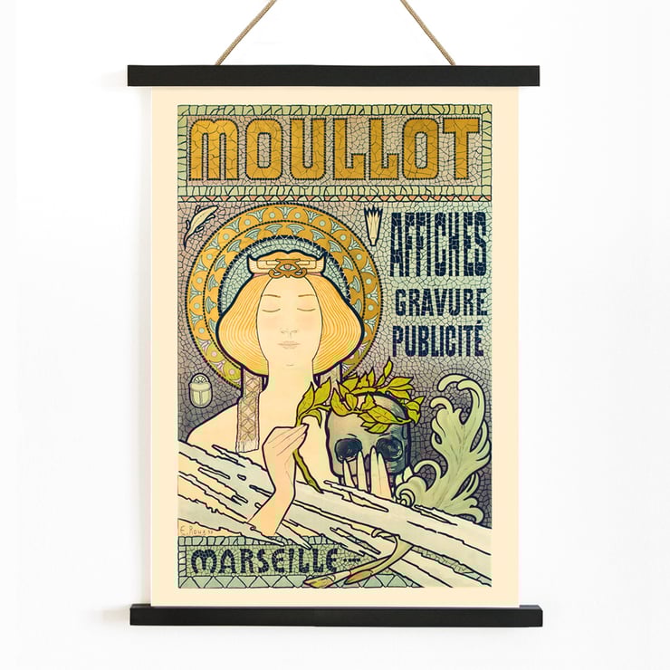 Art Nouveau poster Moullot Marseille by E Roux featuring a woman with a floral headpiece. Art Nouveau-style poster featuring a serene woman holding foliage and a decorative background titled Moullot Marseille by E Roux.