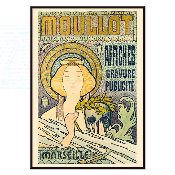 Art Nouveau poster Moullot Marseille by E Roux featuring a woman with a floral headpiece. Art Nouveau-style poster featuring a serene woman holding foliage and a decorative background titled Moullot Marseille by E Roux.