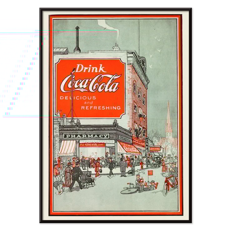 Drink Coca Cola vintage advertisement depicting a busy street scene Poster titled Drink Coca Cola showing a bustling street scene with people near a pharmacy and a large Coca Cola billboard