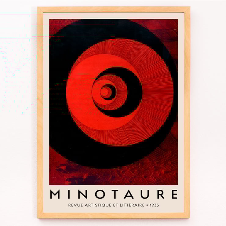 Abstract red and black spiral artwork Minotaure revue artistique et littéraire by E Tériade. Minotaure revue artistique et littéraire poster by E Tériade featuring red and black abstract concentric circles pattern