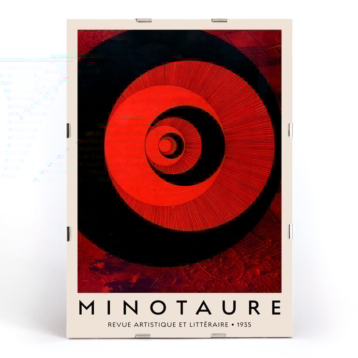 Abstract red and black spiral artwork Minotaure revue artistique et littéraire by E Tériade. Minotaure revue artistique et littéraire poster by E Tériade featuring red and black abstract concentric circles pattern