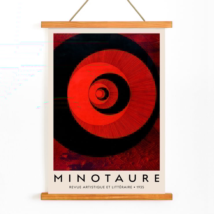 Abstract red and black spiral artwork Minotaure revue artistique et littéraire by E Tériade. Minotaure revue artistique et littéraire poster by E Tériade featuring red and black abstract concentric circles pattern