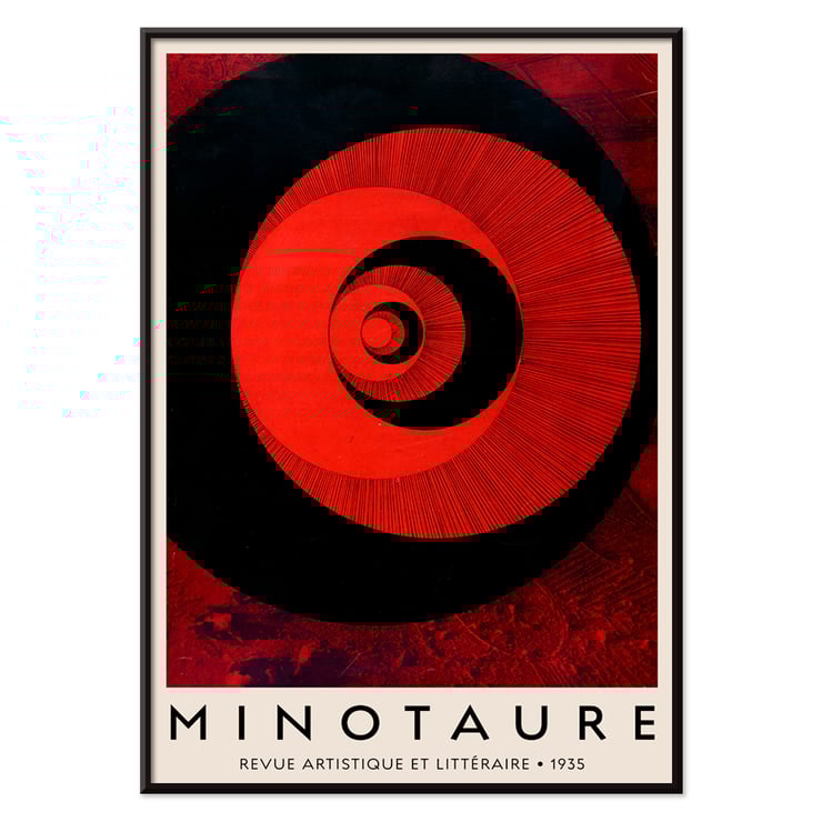 Abstract red and black spiral artwork Minotaure revue artistique et littéraire by E Tériade. Minotaure revue artistique et littéraire poster by E Tériade featuring red and black abstract concentric circles pattern