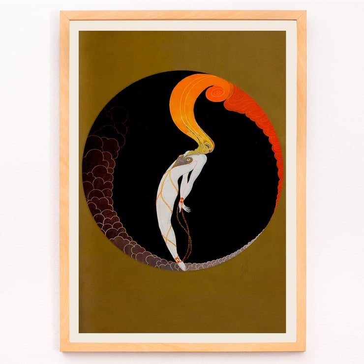 Le Gaulois artistique features an abstract design with vibrant colors. Le Gaulois artistique poster features abstract figure with fiery hair inside a dark circular frame with golden background.