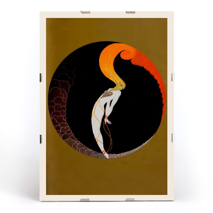 Le Gaulois artistique features an abstract design with vibrant colors. Le Gaulois artistique poster features abstract figure with fiery hair inside a dark circular frame with golden background.