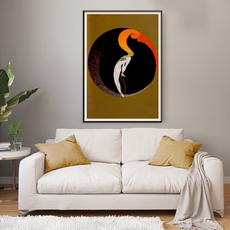 Le Gaulois artistique features an abstract design with vibrant colors. Le Gaulois artistique poster features abstract figure with fiery hair inside a dark circular frame with golden background.