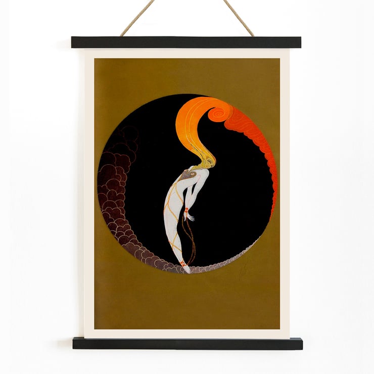 Le Gaulois artistique features an abstract design with vibrant colors. Le Gaulois artistique poster features abstract figure with fiery hair inside a dark circular frame with golden background.