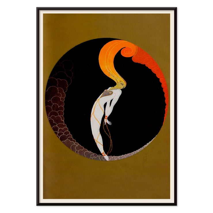Le Gaulois artistique features an abstract design with vibrant colors. Le Gaulois artistique poster features abstract figure with fiery hair inside a dark circular frame with golden background.