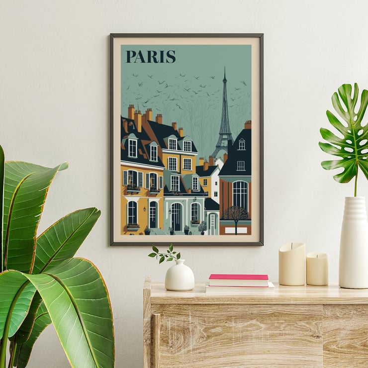 Artist Paris Travel City Poster with view of Parisian rooftops and Eiffel Tower Paris Travel City Poster colorful depiction of Parisian rooftops with Eiffel Tower in the background in an art poster style