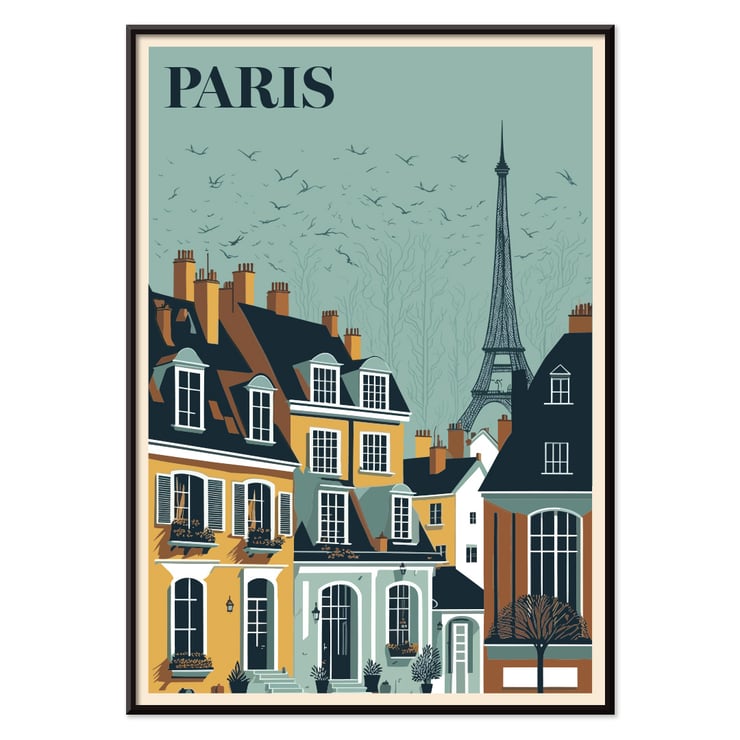 Artist Paris Travel City Poster with view of Parisian rooftops and Eiffel Tower Paris Travel City Poster colorful depiction of Parisian rooftops with Eiffel Tower in the background in an art poster style