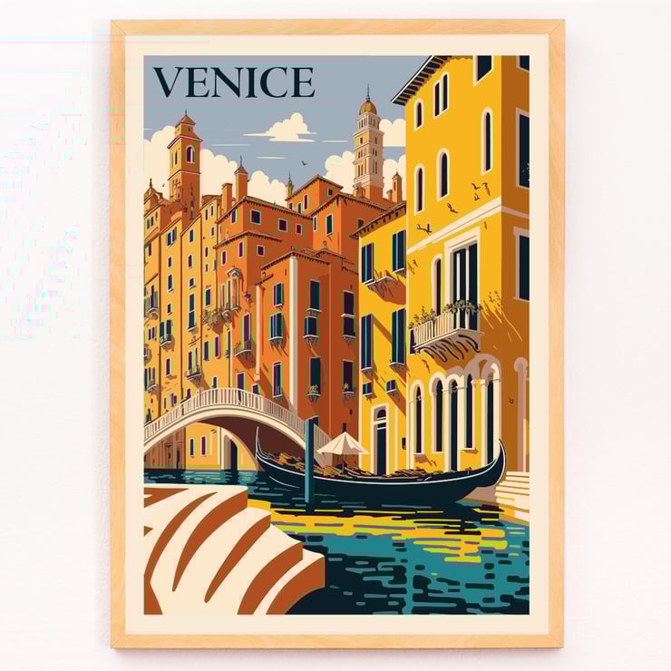 Venice Travel City Poster featuring a colorful depiction of Venice canals and architecture by artist Venice Travel City Poster Venice Travel City Poster artwork shows vibrant canal scene with gondola and historic buildings under a blue sky.