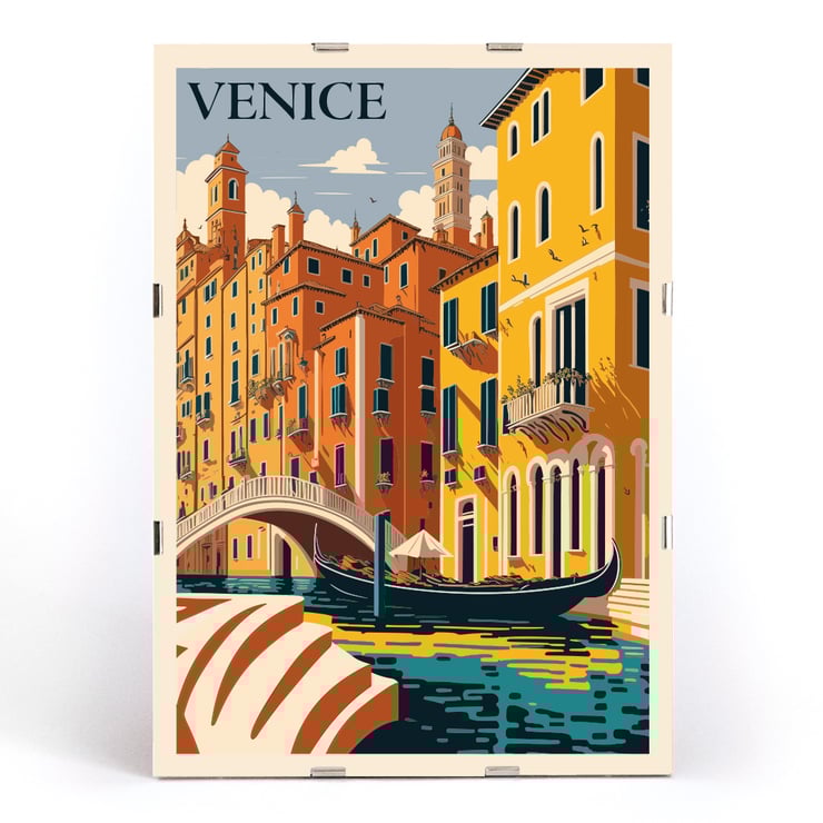 Venice Travel City Poster featuring a colorful depiction of Venice canals and architecture by artist Venice Travel City Poster Venice Travel City Poster artwork shows vibrant canal scene with gondola and historic buildings under a blue sky.