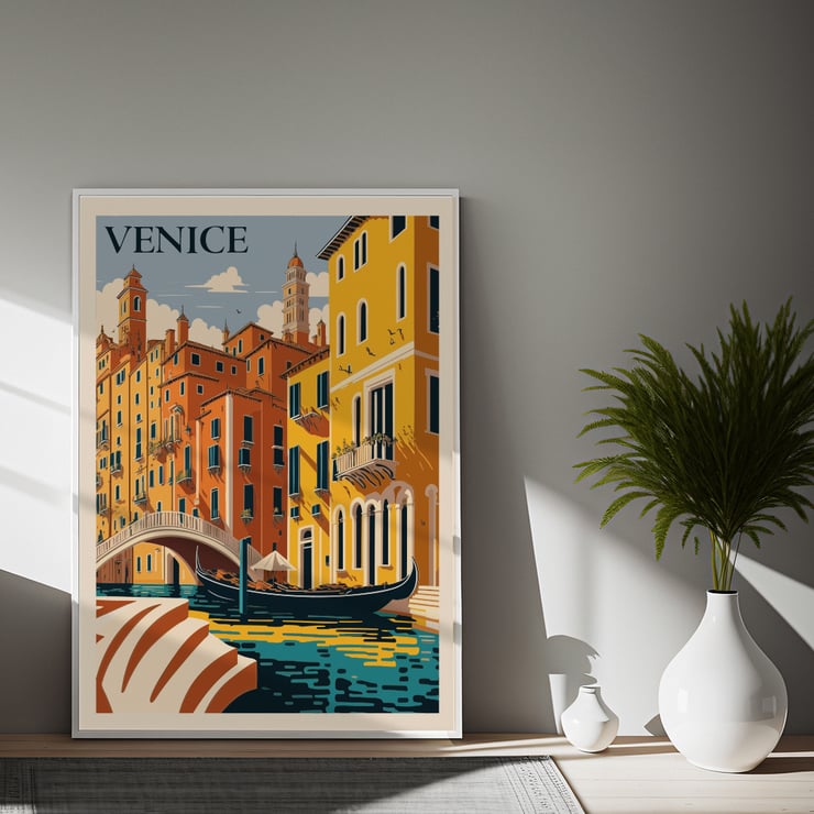 Venice Travel City Poster featuring a colorful depiction of Venice canals and architecture by artist Venice Travel City Poster Venice Travel City Poster artwork shows vibrant canal scene with gondola and historic buildings under a blue sky.