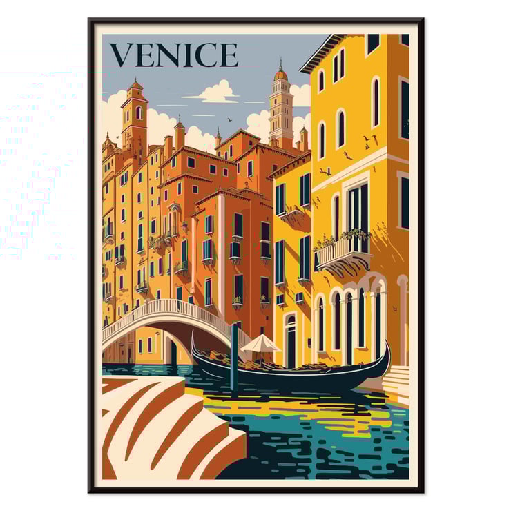 Venice Travel City Poster featuring a colorful depiction of Venice canals and architecture by artist Venice Travel City Poster Venice Travel City Poster artwork shows vibrant canal scene with gondola and historic buildings under a blue sky.
