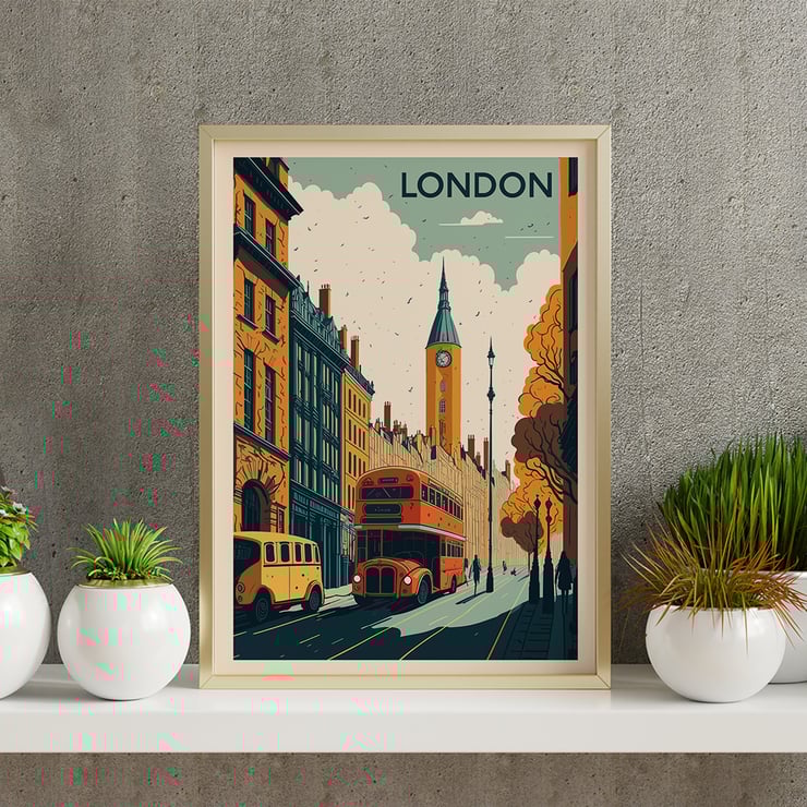 Red double-decker bus in a vintage cityscape London Travel City Poster. Poster featuring London street scene with iconic red bus and clock tower artwork titled London Travel City Poster.