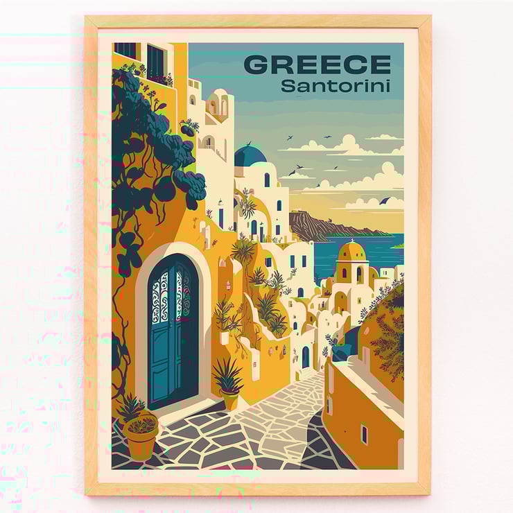 Colorful artwork of Santorini Greece with vibrant architecture by Greece Santorini Travel Poster artist. Travel poster of Santorini Greece with scenic view of white buildings and blue sea titled Santorini Travel Poster.