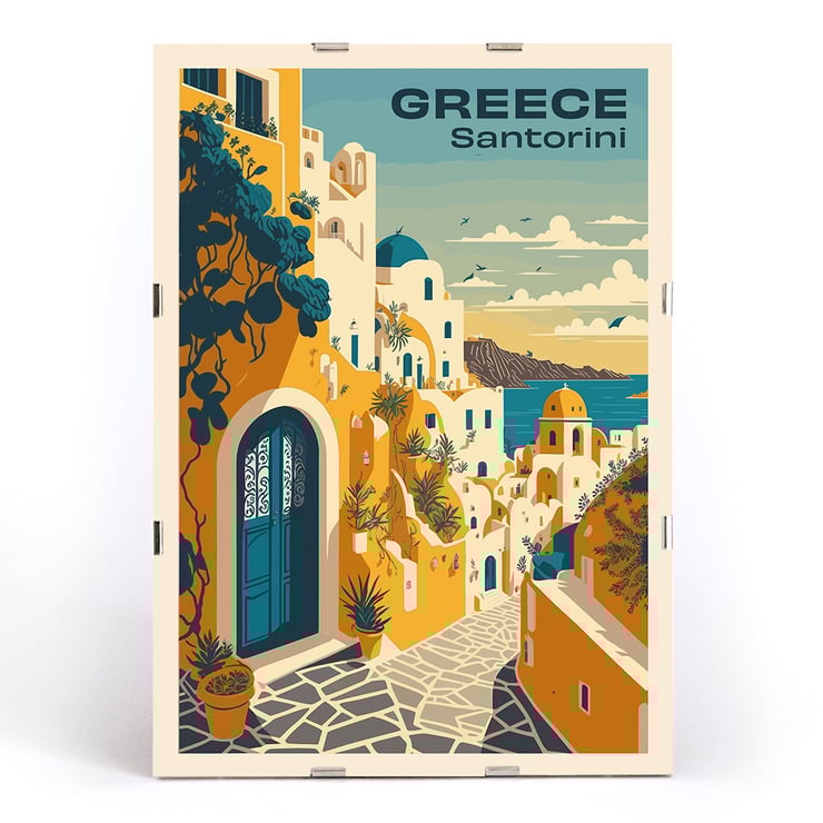 Colorful artwork of Santorini Greece with vibrant architecture by Greece Santorini Travel Poster artist. Travel poster of Santorini Greece with scenic view of white buildings and blue sea titled Santorini Travel Poster.