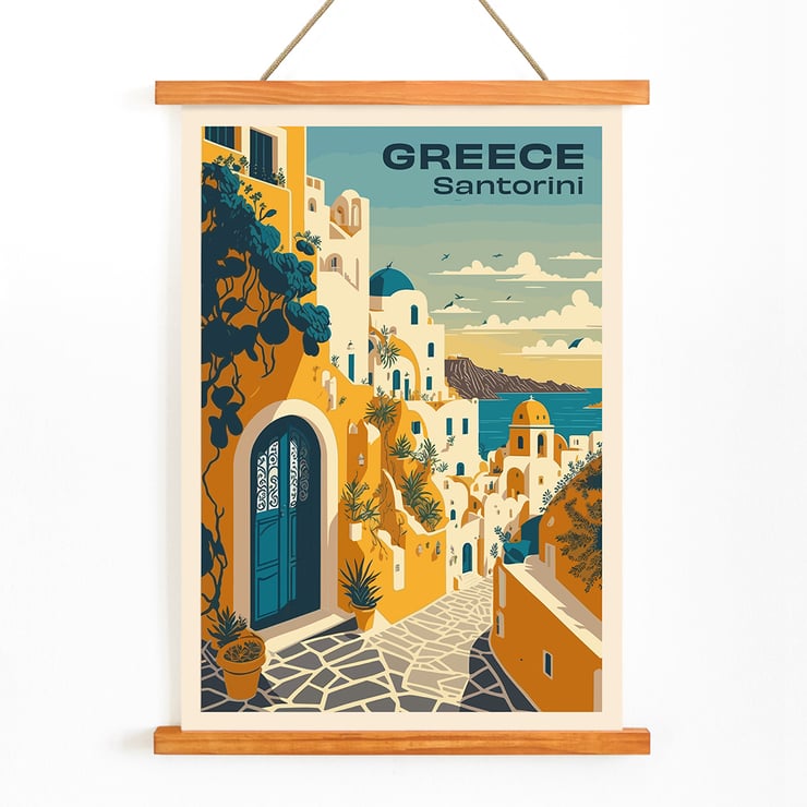 Colorful artwork of Santorini Greece with vibrant architecture by Greece Santorini Travel Poster artist. Travel poster of Santorini Greece with scenic view of white buildings and blue sea titled Santorini Travel Poster.