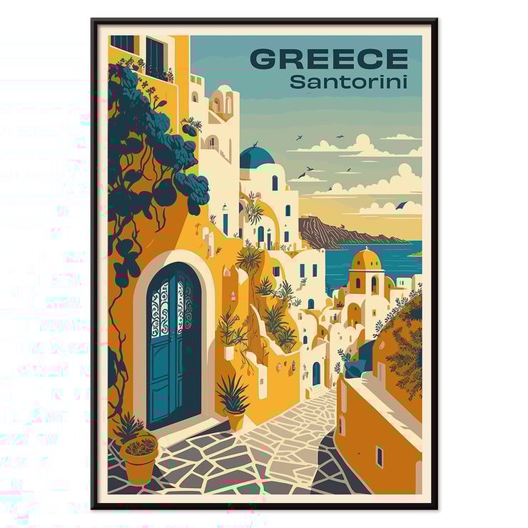 Colorful artwork of Santorini Greece with vibrant architecture by Greece Santorini Travel Poster artist. Travel poster of Santorini Greece with scenic view of white buildings and blue sea titled Santorini Travel Poster.
