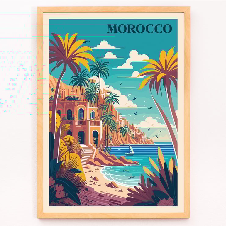 Colorful coastal landscape with palm trees from the artwork Morocco Travel Poster by the artist. Morocco Travel Poster featuring a vibrant coastal landscape with palm trees and a Mediterranean style building by the sea
