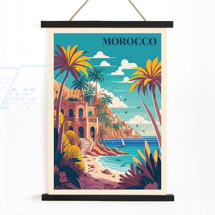 Colorful coastal landscape with palm trees from the artwork Morocco Travel Poster by the artist. Morocco Travel Poster featuring a vibrant coastal landscape with palm trees and a Mediterranean style building by the sea