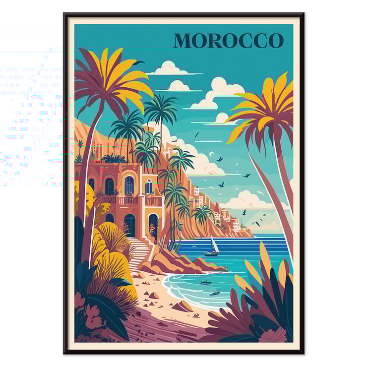 Colorful coastal landscape with palm trees from the artwork Morocco Travel Poster by the artist. Morocco Travel Poster featuring a vibrant coastal landscape with palm trees and a Mediterranean style building by the sea