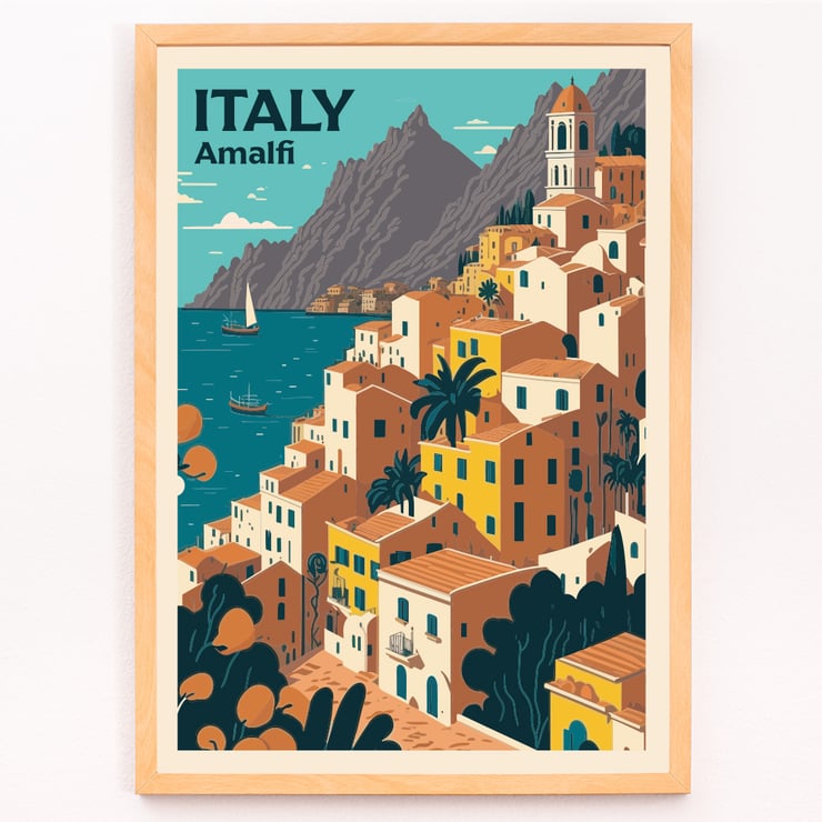 Italy Travel Poster featuring Amalfi coast with colorful buildings and sailboat artwork. Italy Travel Poster features Amalfi coast with colorful houses and sea in the background artwork titled Amalfi.