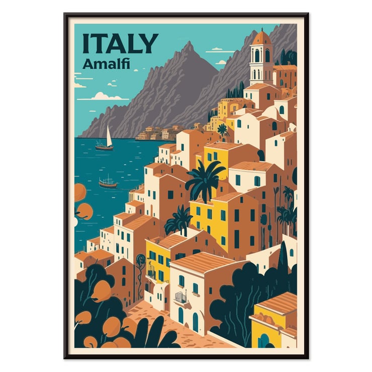 Italy Travel Poster featuring Amalfi coast with colorful buildings and sailboat artwork. Italy Travel Poster features Amalfi coast with colorful houses and sea in the background artwork titled Amalfi.