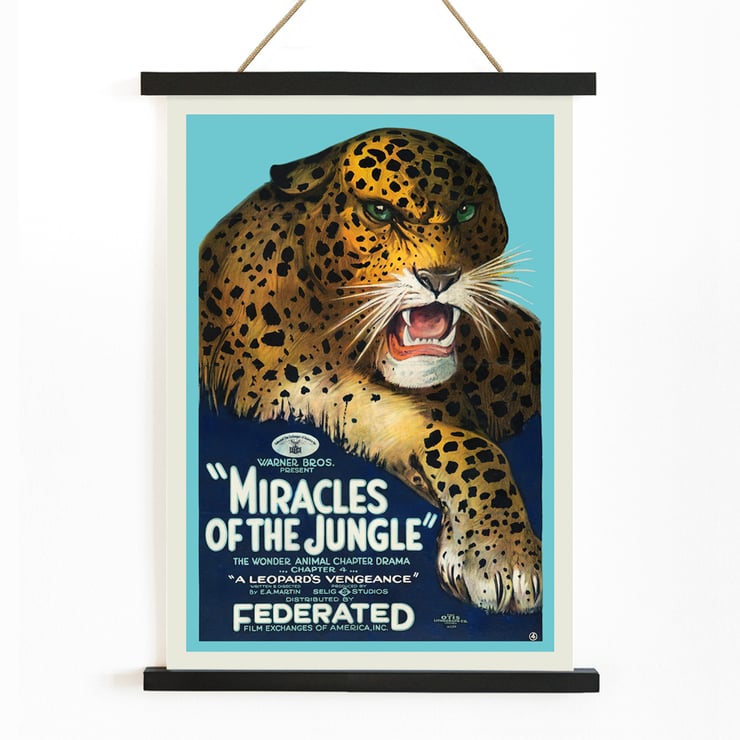 Poster mit einem wilden Leoparden aus „Miracles of the Jungle“ von EA Martin Selig Studios. Poster mit dem Titel „Miracles of the Jungle“ zeigt einen brüllenden Leoparden mit auffälligen grünen Augen und fettem Text vor blauem Hintergrund.