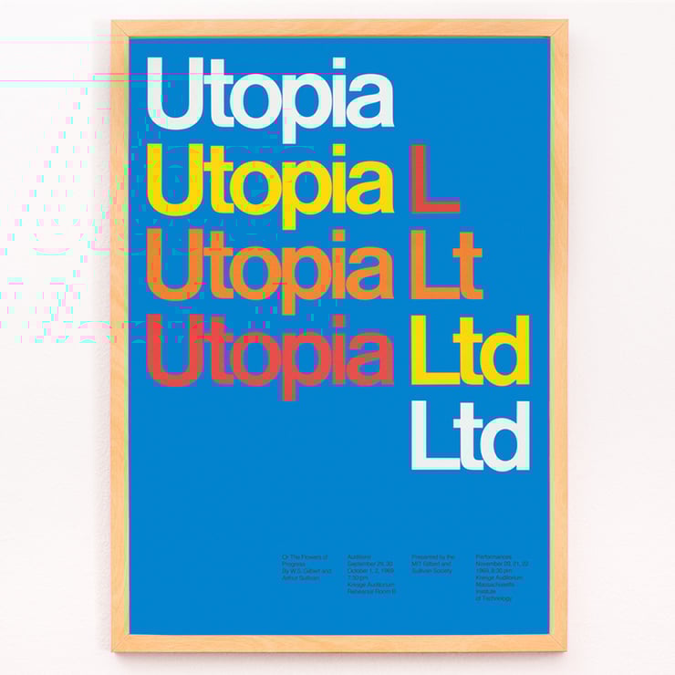 Farbenfrohes typografisches Design von Dietmar Winkler im Artwork von Utopia Ltd. Poster mit farbenfroher Typografie der Worte Utopia Ltd auf blauem Hintergrund vom Künstler Dietmar Winkler, Kunstwerk Utopia Ltd