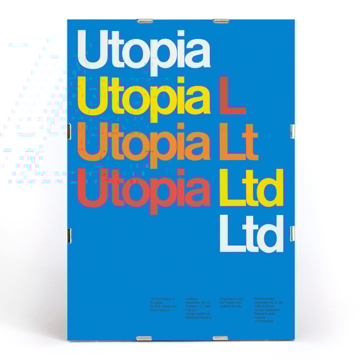 Farbenfrohes typografisches Design von Dietmar Winkler im Artwork von Utopia Ltd. Poster mit farbenfroher Typografie der Worte Utopia Ltd auf blauem Hintergrund vom Künstler Dietmar Winkler, Kunstwerk Utopia Ltd