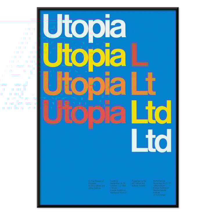 Farbenfrohes typografisches Design von Dietmar Winkler im Artwork von Utopia Ltd. Poster mit farbenfroher Typografie der Worte Utopia Ltd auf blauem Hintergrund vom Künstler Dietmar Winkler, Kunstwerk Utopia Ltd