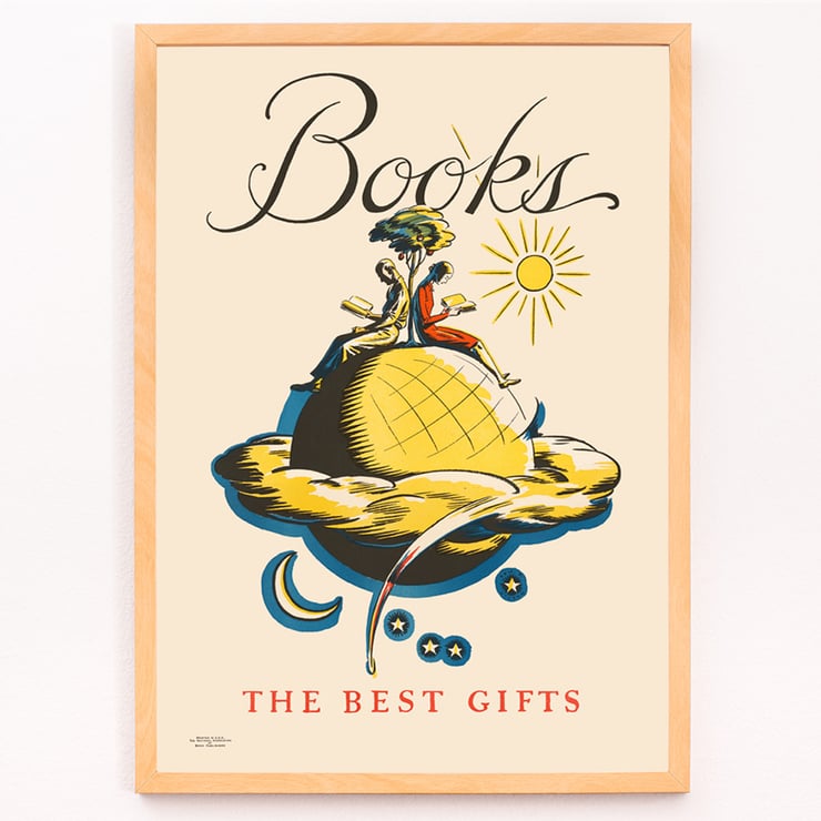 Books the Best Gifts by Edward Arthur Wilson vibrant illustration with readers on a globe and celestial motifs Poster titled Books the best gifts by Edward Arthur Wilson showcasing a whimsical illustration with readers on a globe.