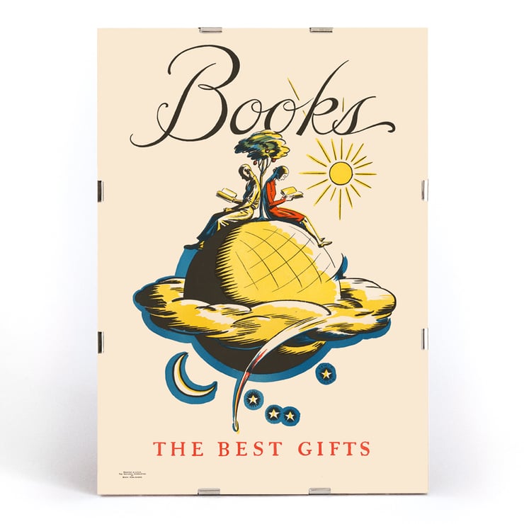 Books the Best Gifts by Edward Arthur Wilson vibrant illustration with readers on a globe and celestial motifs Poster titled Books the best gifts by Edward Arthur Wilson showcasing a whimsical illustration with readers on a globe.