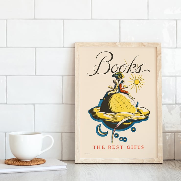 Books the Best Gifts by Edward Arthur Wilson vibrant illustration with readers on a globe and celestial motifs Poster titled Books the best gifts by Edward Arthur Wilson showcasing a whimsical illustration with readers on a globe.