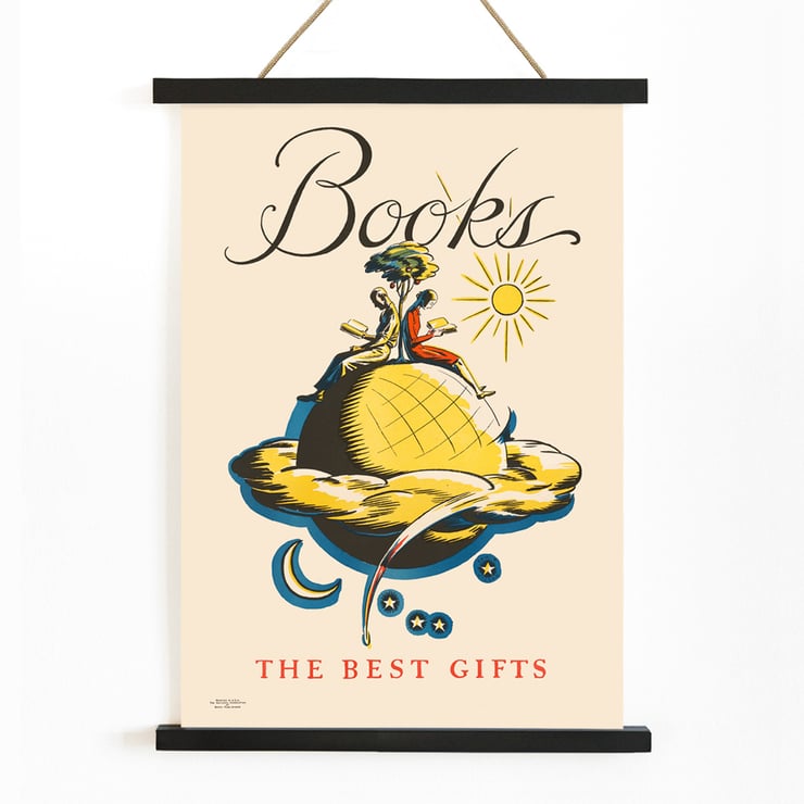 Books the Best Gifts by Edward Arthur Wilson vibrant illustration with readers on a globe and celestial motifs Poster titled Books the best gifts by Edward Arthur Wilson showcasing a whimsical illustration with readers on a globe.