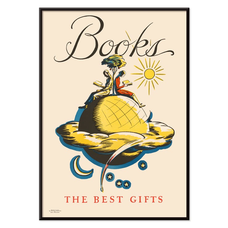 Books the Best Gifts by Edward Arthur Wilson vibrant illustration with readers on a globe and celestial motifs Poster titled Books the best gifts by Edward Arthur Wilson showcasing a whimsical illustration with readers on a globe.