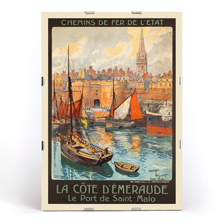 Colorful vintage travel poster of Saint-Malo harbor by artist Mourgue titled La côte d’Émeraude Le Port de Saint-Malo. Poster of La côte d’Émeraude Le Port de Saint-Malo by Maurice Toussaint featuring sailing boats in a vibrant harbor scene