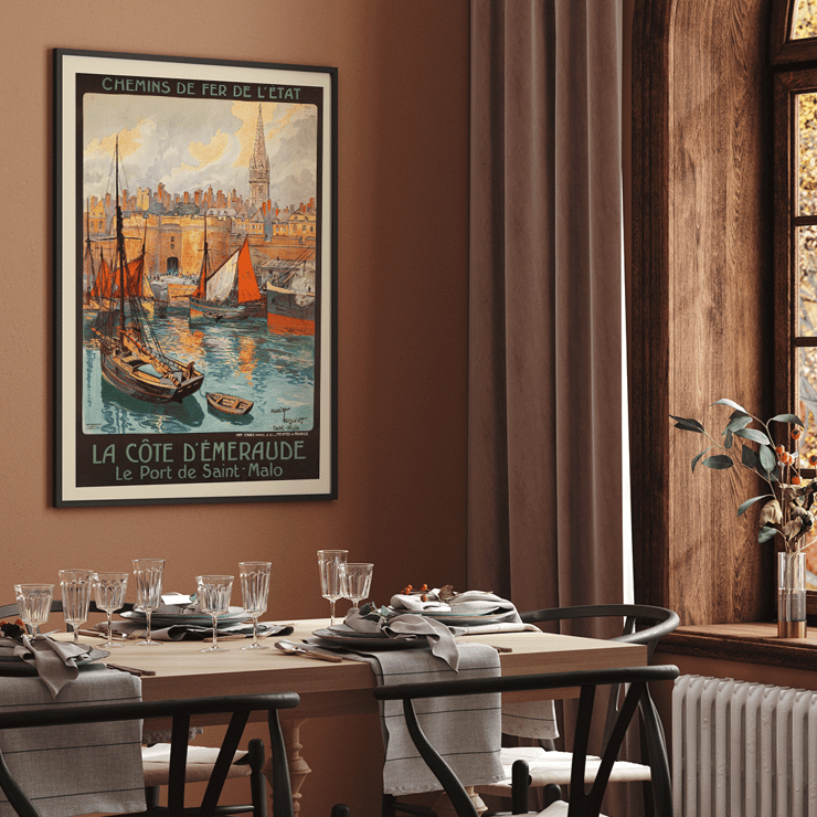 Colorful vintage travel poster of Saint-Malo harbor by artist Mourgue titled La côte d’Émeraude Le Port de Saint-Malo. Poster of La côte d’Émeraude Le Port de Saint-Malo by Maurice Toussaint featuring sailing boats in a vibrant harbor scene