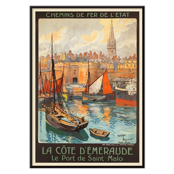 Colorful vintage travel poster of Saint-Malo harbor by artist Mourgue titled La côte d’Émeraude Le Port de Saint-Malo. Poster of La côte d’Émeraude Le Port de Saint-Malo by Maurice Toussaint featuring sailing boats in a vibrant harbor scene