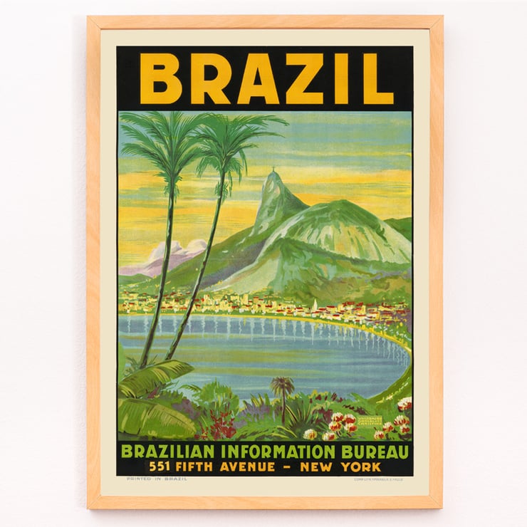 Scenic Brazilian landscape with Sugarloaf Mountain by Waldomiro Goncalves Christino titled Brazil 1. Vintage travel poster art for Brazil featuring Sugarloaf Mountain and palm trees Brazil 1 by Waldomiro Goncalves Christino