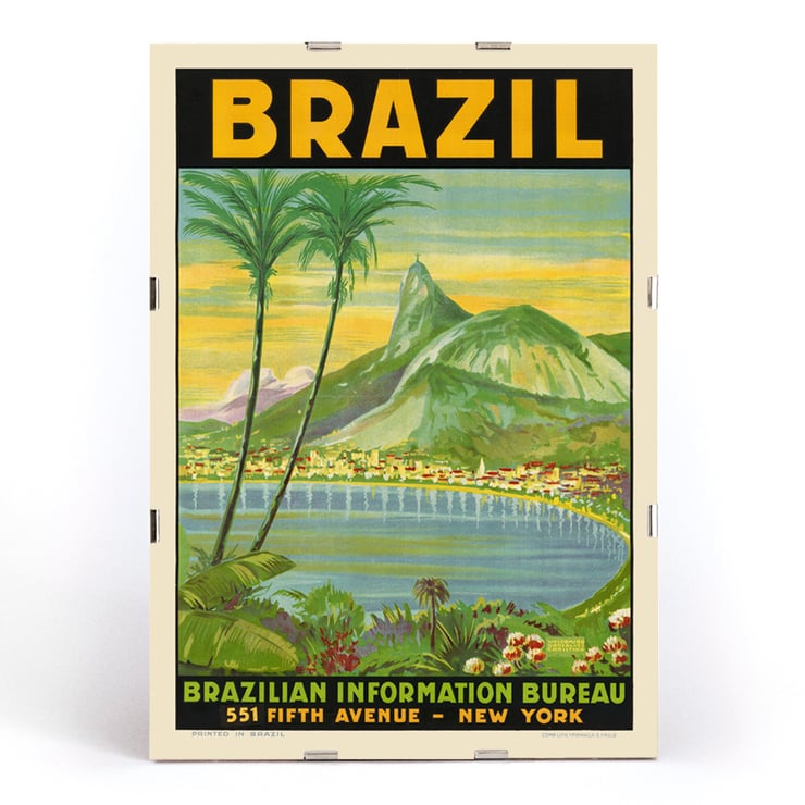 Scenic Brazilian landscape with Sugarloaf Mountain by Waldomiro Goncalves Christino titled Brazil 1. Vintage travel poster art for Brazil featuring Sugarloaf Mountain and palm trees Brazil 1 by Waldomiro Goncalves Christino