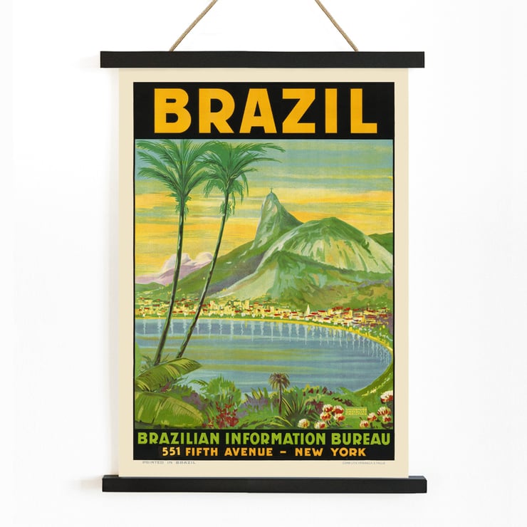 Scenic Brazilian landscape with Sugarloaf Mountain by Waldomiro Goncalves Christino titled Brazil 1. Vintage travel poster art for Brazil featuring Sugarloaf Mountain and palm trees Brazil 1 by Waldomiro Goncalves Christino